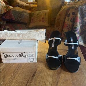 Manolo Blahnik Black and White Strappy Slide Sandals